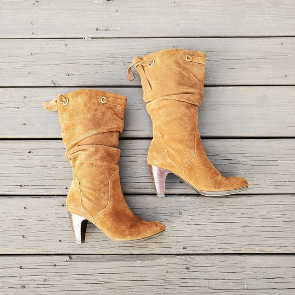 Vintage 90s y2k Whiskey Brown Suede Leather Slouchy Boho Western Mid Calf Boots - Picture 3 of 8